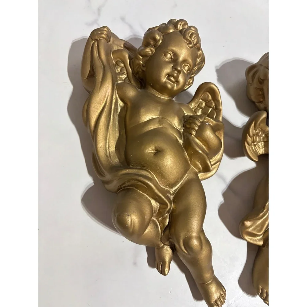 Vintage Gold Cherub Wall Decor Pair 9 Inch Angels Hanging Statues Set of 2